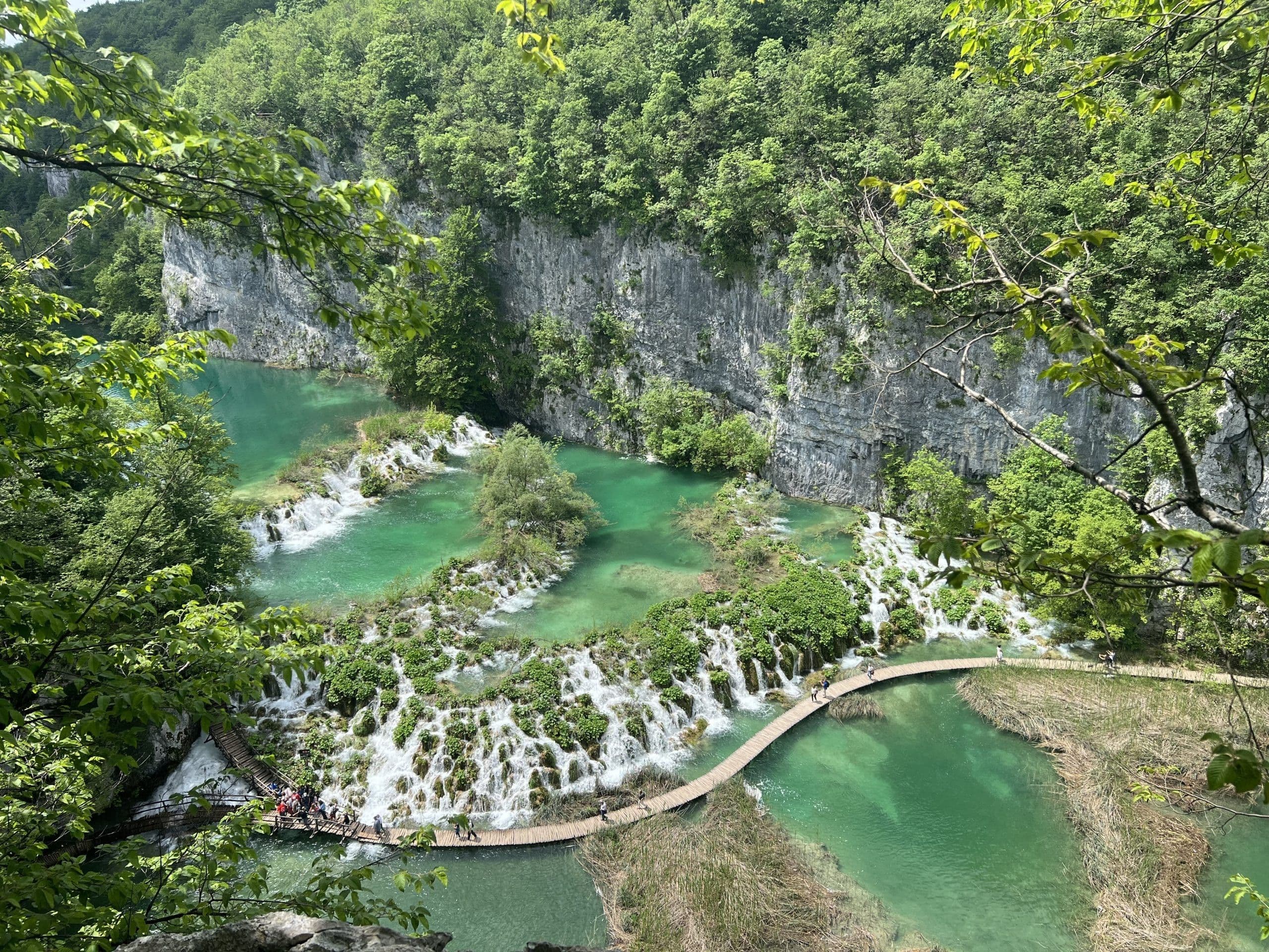 Aerial view of Plitvice Lakes cascading waterfalls and turquoise lakes
